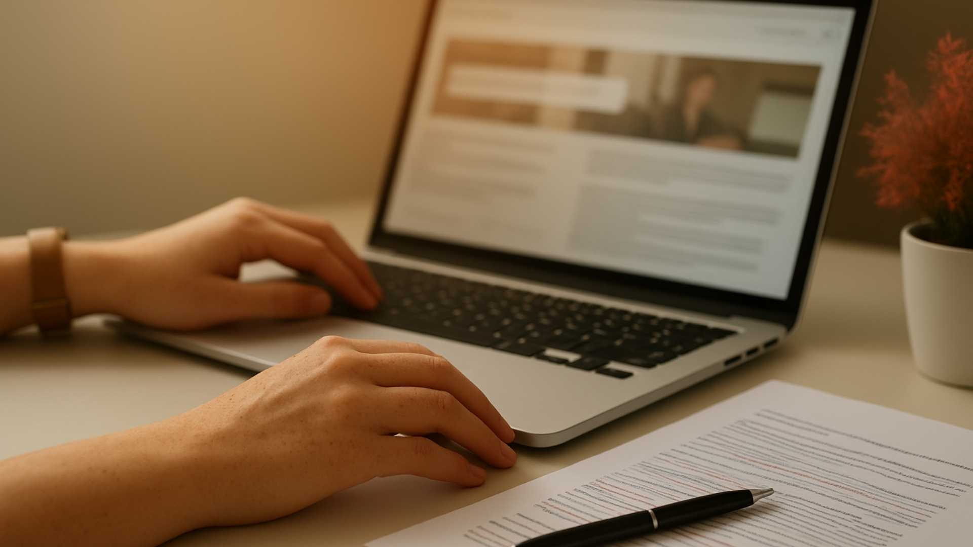 Student completing online admission application process on laptop with documents
